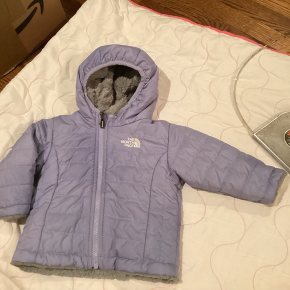 North Face infant reversible moss bud swirl hooded fleece winter jacket. Sz 3/6M - Picture 4 of 15